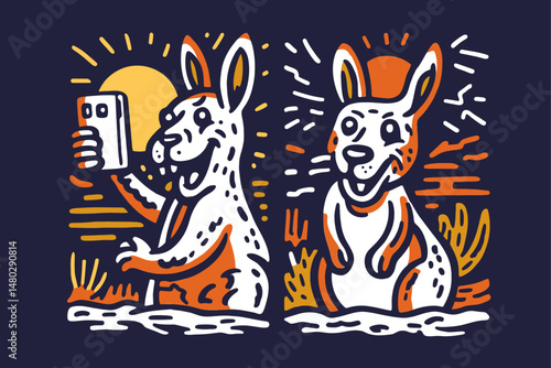 Whimsical Cartoon Kangaroos Taking Selfies in Vibrant Illustration