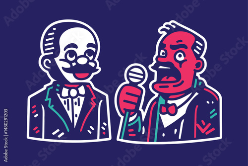 Colorful Vintage Illustration of Two Cartoon Characters in Suits