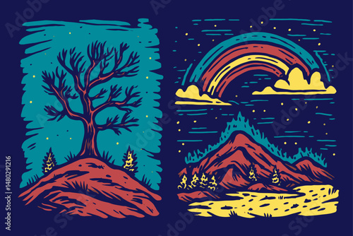 Colorful Illustration of a Tree and Rainbow over a Mountain Landscape