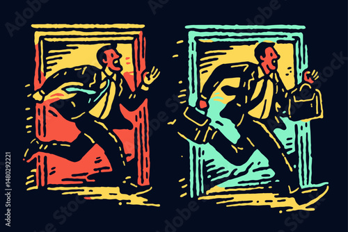 Dynamic Illustration of Businessman Running Through Doors in Action