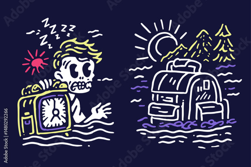 Unique Hand-Drawn Cartoon Style Illustration of Skull and Landscape