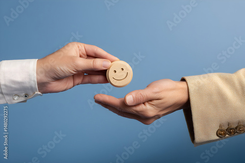 Business transaction symbolizing satisfaction and positive feedback, on a blue background