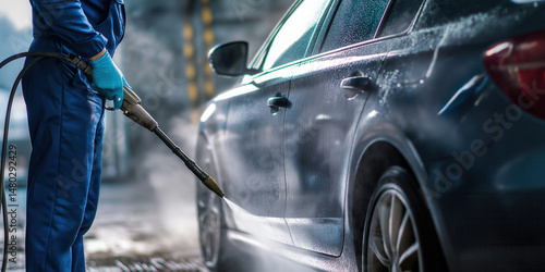 Service man wearing work clothes holding pressure washer. Car covered with soap and foam during carwash in a garage.
