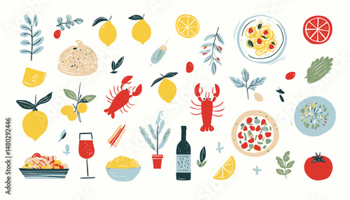 Italian Summer Vacation Food Set � Hand-Drawn Mediterranean Icons of Lemons, Pasta, Pizza, Lobster, and Wine in Dolce Vita Amalfi Style