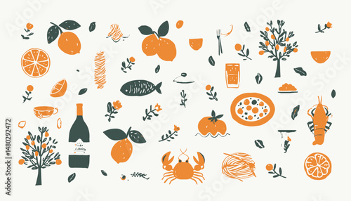 Italian Summer Vacation Food Set � Hand-Drawn Mediterranean Icons of Lemons, Pasta, Pizza, Lobster, and Wine in Dolce Vita Amalfi Style