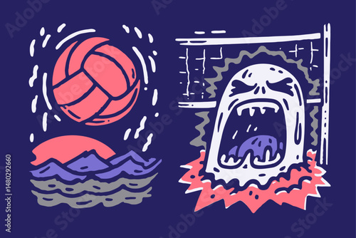 Whimsical Illustration of Water Polo Scene with Bold Colors