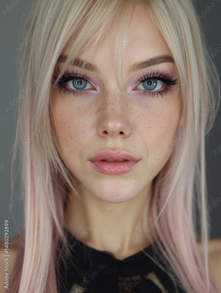 Naklejka premium A woman with pink hair and blue eyes is posing for a picture