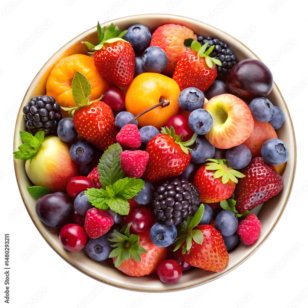 Obraz premium fresh fruit salad top view isolated on a white background. PNG Transparent file type with high definition quality Available.
