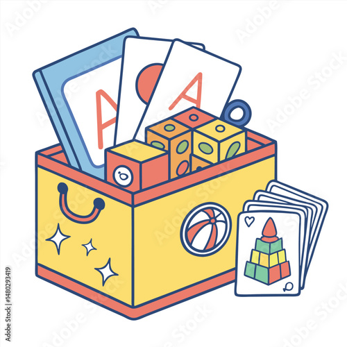 A toy box filled with white background educational toys.