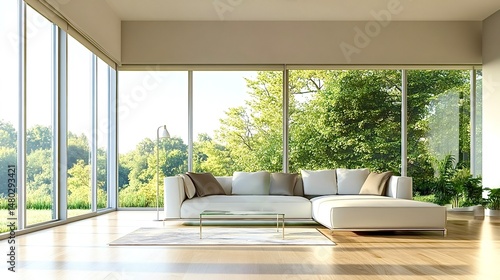 Modern living room overlooking lush green garden with floor-to-ceiling windows