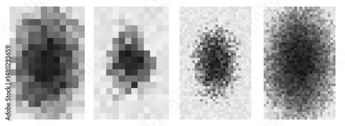 Pixelated censor noise blob, abstract neural cluster. Grayscale distortion simulating blocked data, glitch effect, content privacy or media censorship. Futuristic tech style. Vector illustration.