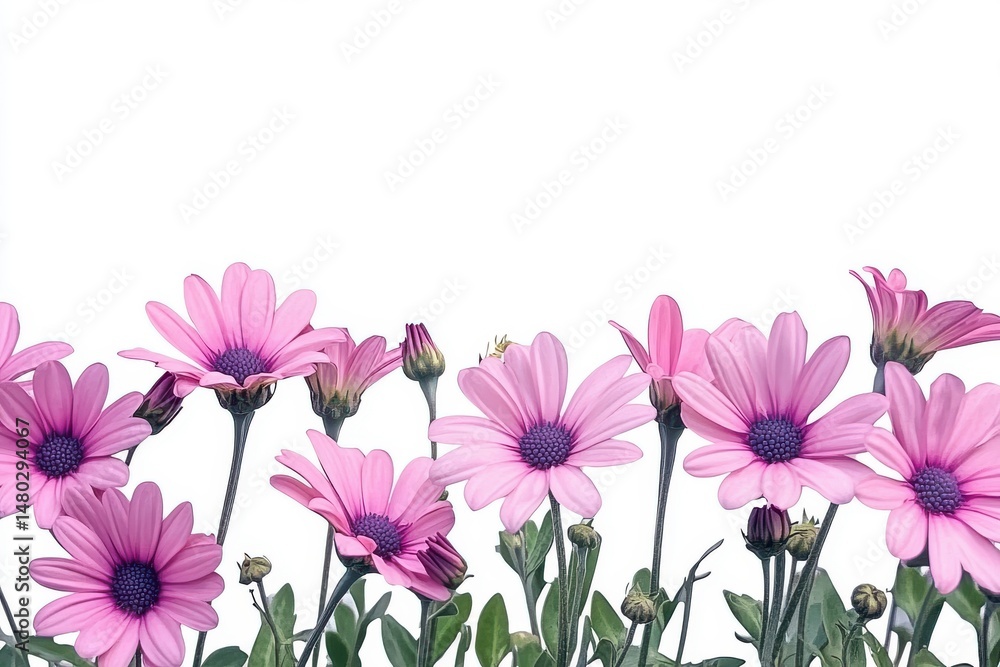 Obraz premium Pink daisy flowers isolated on white background for greeting cards, invitations, and website headers.