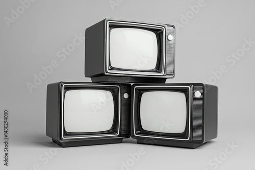 Three vintage TVs stacked, displaying blank screens