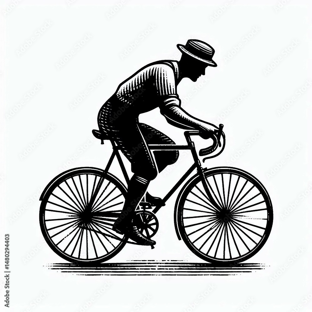 Naklejka premium Vintage Cyclist in a Hat Black and White Ink Drawing