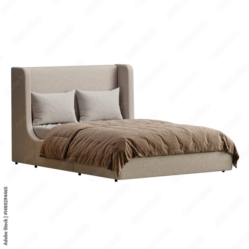 Naklejka premium A bed with a brown comforter and pillows