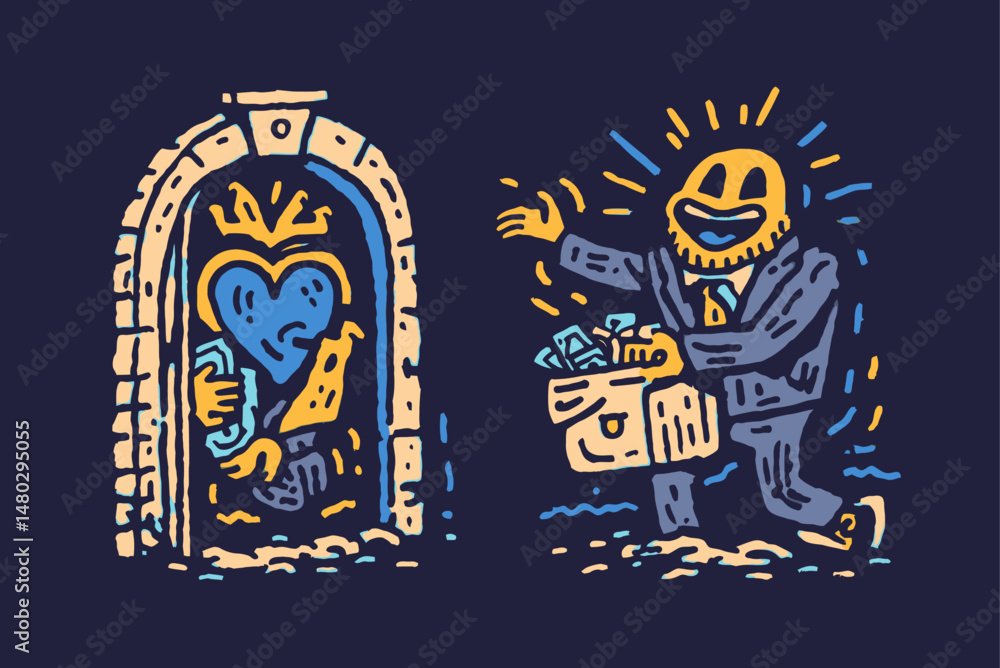 Colorful Abstract Illustration of Businessperson and Iconic Character Colorful Abstract Illustration of Businessperson and Iconic Character