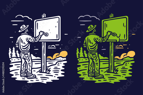 Artist Painting on Blank Signboard in Vibrant Nature Landscape