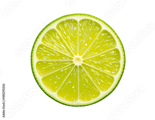 A fresh green citrus slice of lime and a yellow lemon slice are isolated on white