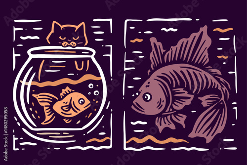 Playful Illustration of Cat Watching Fish in Bowl, Artistic Design