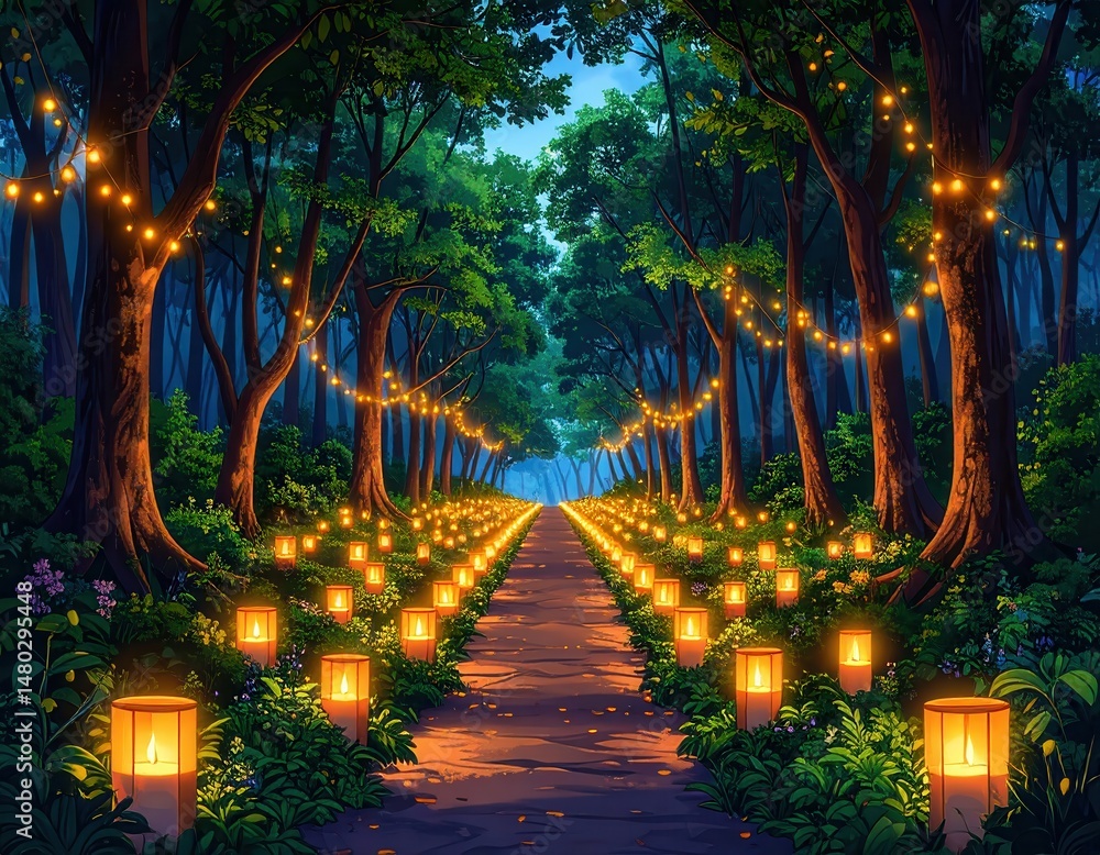 Obraz premium Magical pathway lined with glowing lanterns and string lights, celebrating the summer solstice.