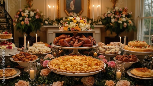 Formal Thanksgiving feast, elaborate buffet spread with various baked goods, roasted poultry, and desserts