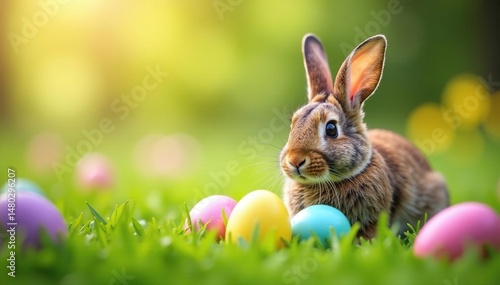 Adorable Easter bunny hiding colorful eggs in a spring garden , joyful, decoration, easter celebration