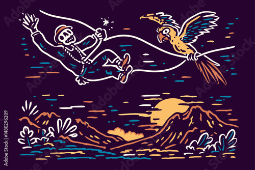Colorful Illustration of Skeleton Tightrope Walker with Parrot