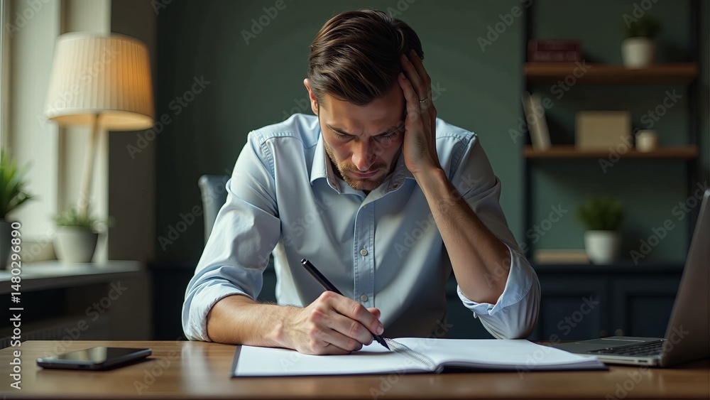 Fototapeta premium Frustrated Man Writing At Desk