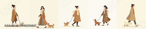Flat Style Illustration of Women Walking Dogs in Autumn and Winter Outfits – Modern Character Design for Seasonal Concepts
