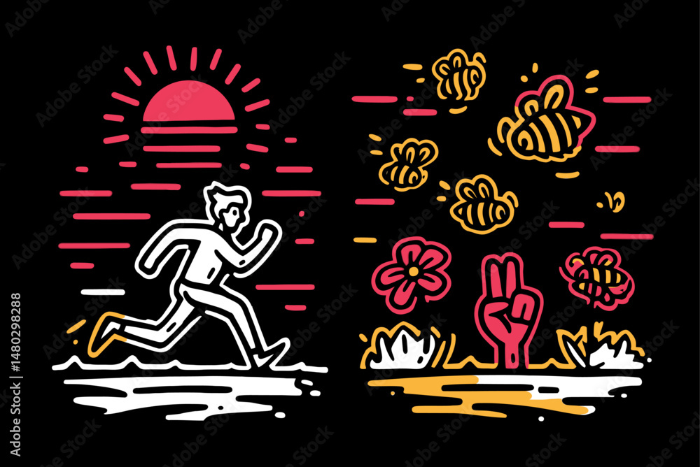 Vibrant Illustration of Running Figure with Nature Elements and Sun Vibrant Illustration of Running Figure with Nature Elements and Sun