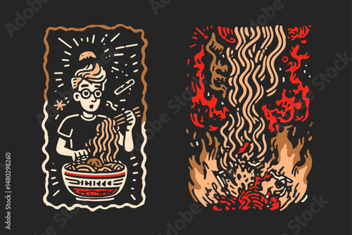Illustration of Person Enjoying Noodles with Flames and Bold Colors