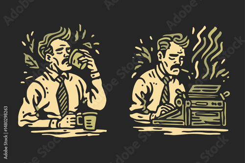 Vintage Illustration of Man Drinking Coffee and Writing on Typewriter