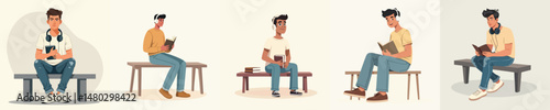 Cartoon Illustration of a Young Man Relaxing on a Park Bench While Reading a Book and Listening to Music