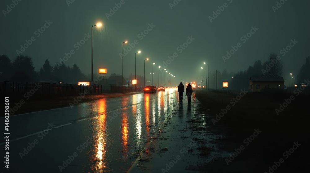 Naklejka premium Night walkers rainy city street
