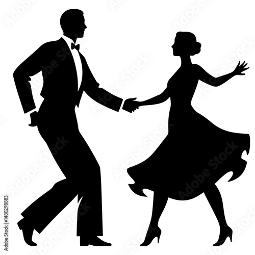 Elegant couple dancing, black silhouette, vector art, white background.  Simple, stylish design, perfect for invitations, posters, and more.