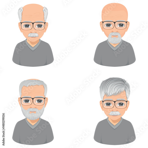 bearded and mustached old man portrait set