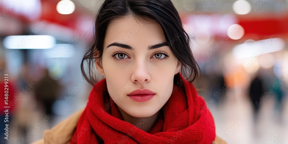 Portrait of a Young Woman with a Red Scarf in a Vibrant Urban Setting Portrait of a Young Woman with a Red Scarf in a Vibrant Urban Setting
