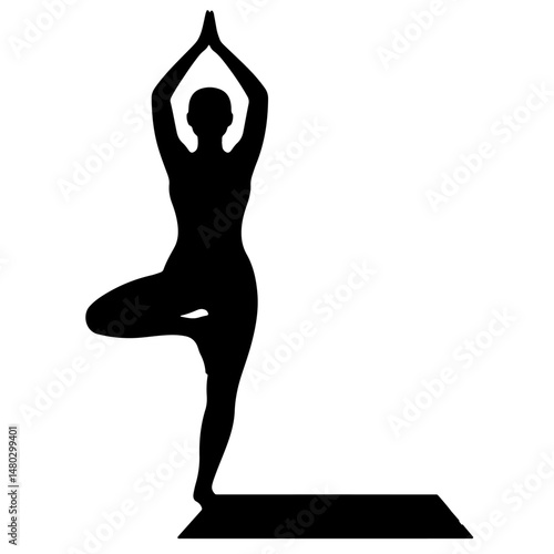 Yoga silhouette, woman in tree pose on mat, black and white vector art.