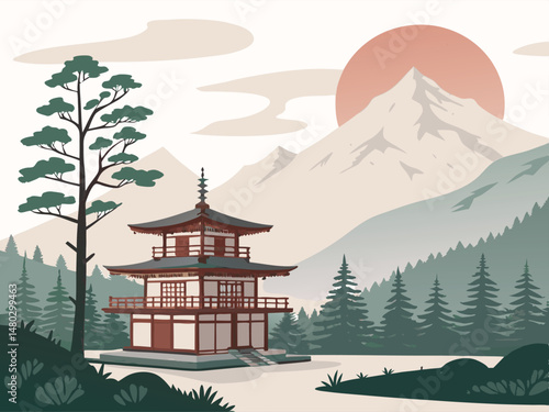 Tranquil Edo Temple in Nature – Minimalist Vector Scene