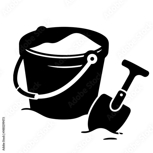 A black silhouette of a sand bucket and shovel on a white background.  Simple vector illustration. Perfect for summer, beach, and kids' themes.