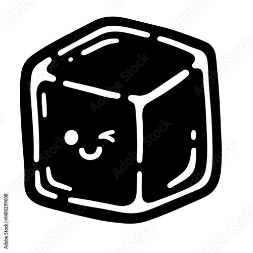 Cute cartoon ice cube with a wink, black and white vector illustration, simple design, isolated on white background.