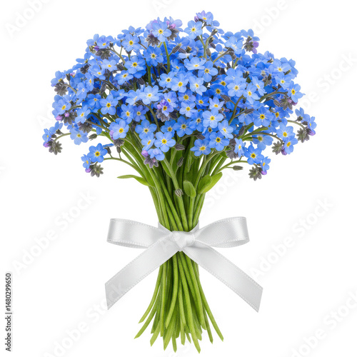 Vibrant blue bouquet tied with white ribbon, soft petals, and delicate green stems