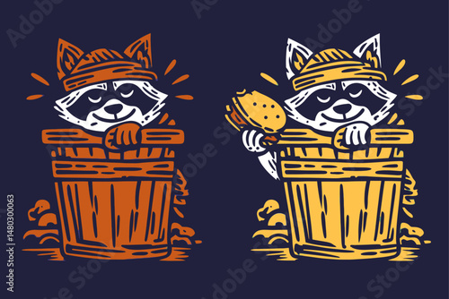 Playful Raccoon Illustration with Trash Bin and Hamburger Design