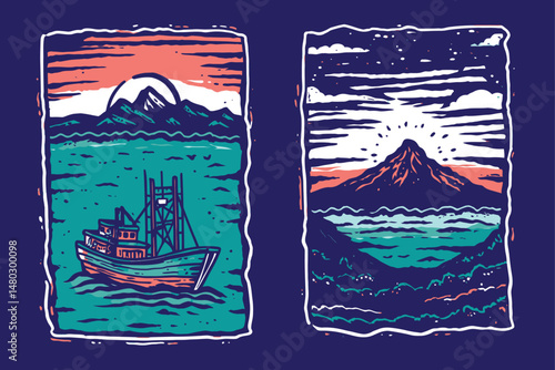 Colorful Vintage Style Illustration of Nature and Fishing Boat Scene