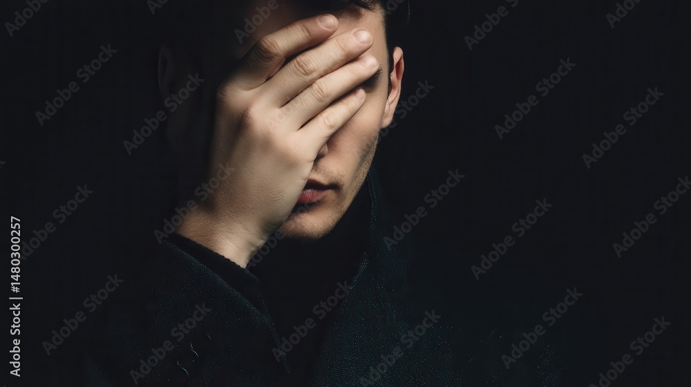 Naklejka premium Close-up portrait of a person covering their face in shadow.