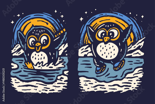 Cute Penguin Illustration on Navy Background with Colorful Elements