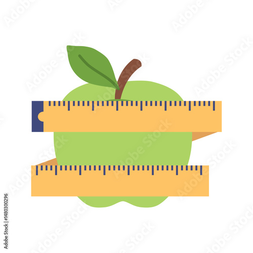 Vector Illustration of a Green Apple Wrapped with a Measuring Tape, Representing Diet, Weight Loss, Healthy Eating