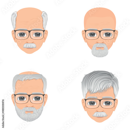 bearded and mustached old man portrait set