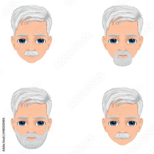 bearded and mustached old man portrait set
