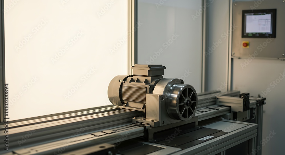 Fototapeta premium Precision engineering: Electric motor assembly on industrial automated testing platform